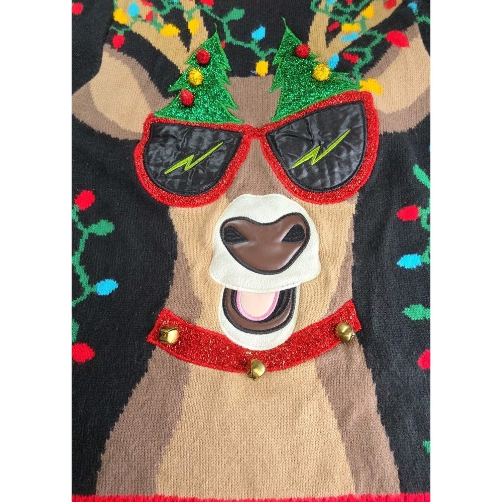 Holiday Time Mens Black Ugly Christmas Holiday Sweater Reindeer Size XL 46-48